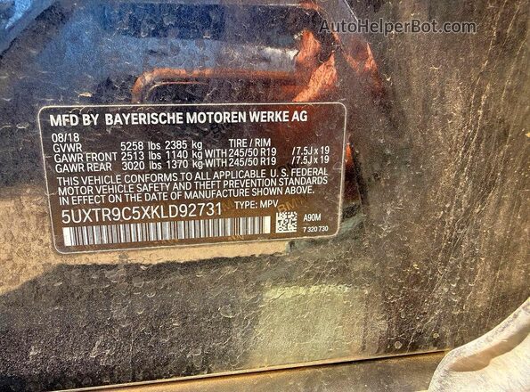 5UXTR9C5XKLD92731 2019 BMW X3 Gray 