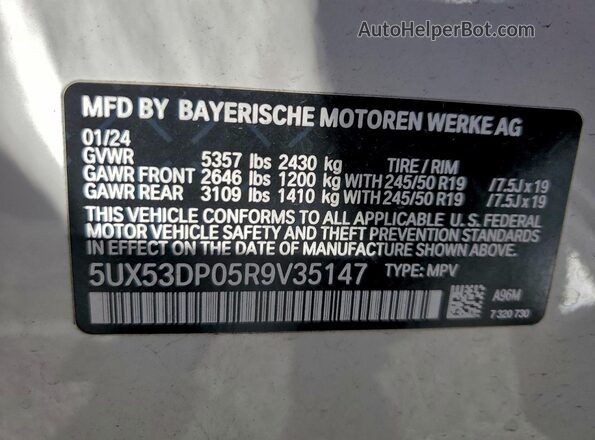 5UX53DP05R9V35147 2024 BMW X3 Белый Панорамный вид салона 360°
