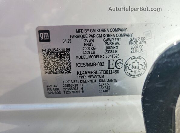 KL4AMESL5TB011480 2026 BUICK ENCORE White Widok naklejki z numerem VIN