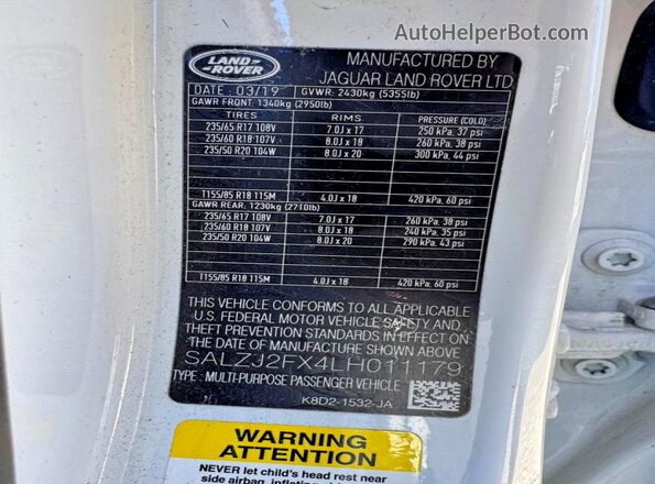 SALZJ2FX4LH011179 2020 LAND ROVER RANGE ROVER White Հետևի նստատեղերի տեսք