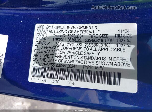 7FARS5H50SE020241 2025 HONDA CR-V Blue Vista del compartimento del motor
