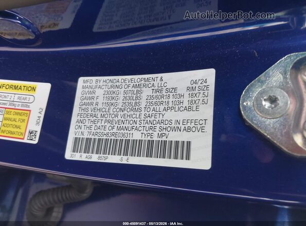 7FARS5H83RE036311 2024 HONDA CR-V Blue ძრავის განყოფილების ხედი