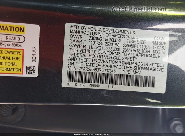 7FARS5H83RE037345 2024 HONDA CR-V Gray Շարժիչի բաժամունքի տեսք