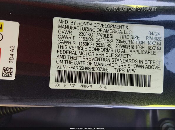 7FARS5H88RE037356 2024 HONDA CR-V Blue Widok komory silnika