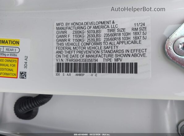7FARS6H53SE058794 2025 HONDA CR-V White Вид підкапотного простору
