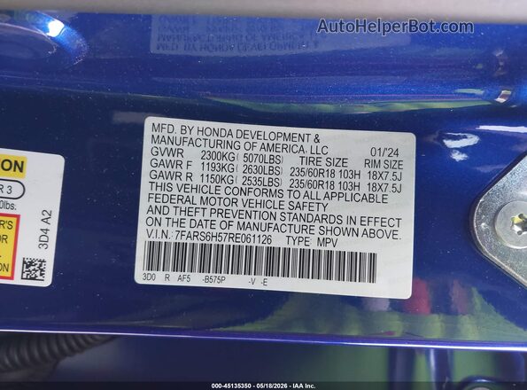 7FARS6H57RE061126 2024 HONDA CR-V HYBRID Blue ძრავის განყოფილების ხედი