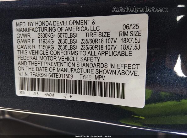 7FARS6H64TE011509 2026 HONDA CR-V Blue Vista del compartimento del motor