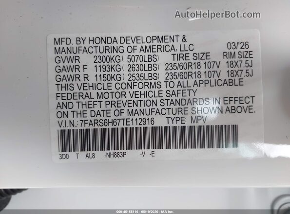 7FARS6H67TE112916 2026 HONDA CR-V White Engine compartment view