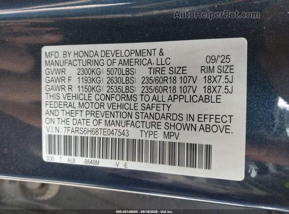 7FARS6H68TE047543 2026 HONDA CR-V Dark Blue ძრავის განყოფილების ხედი