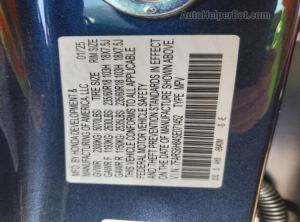 7FARS6H84SE071452 2025 HONDA CR-V Blue Вид наклейки з VIN-кодом