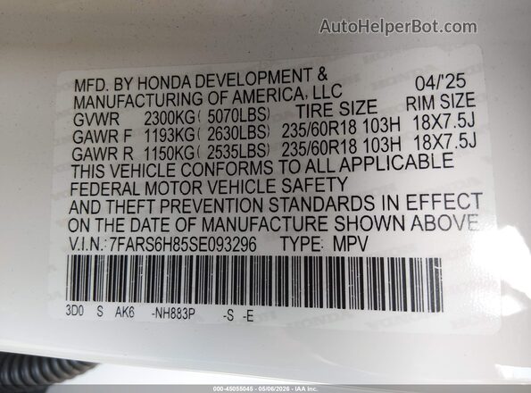 7FARS6H85SE093296 2025 HONDA CR-V White Vista del compartimento del motor