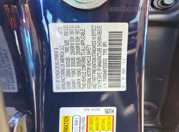 7FARS6H8XTE030132 2026 HONDA CR-V Blue VIN կոդի պիտակի տեսք