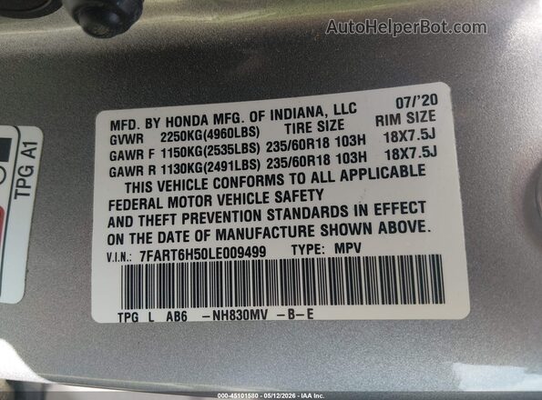 7FART6H50LE009499 2020 HONDA CR-V Silver Вид підкапотного простору