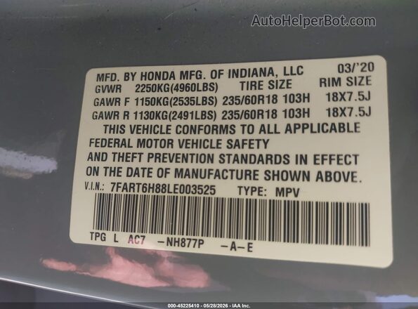 7FART6H88LE003525 2020 HONDA CR-V HYBRID Blue Вид підкапотного простору
