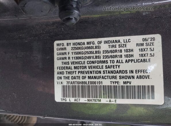 7FART6H89LE006191 2020 HONDA CR-V Gray Շարժիչի բաժամունքի տեսք