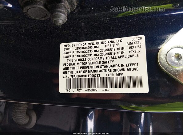 7FART6H94LE006723 2020 HONDA CR-V Blue Widok komory silnika