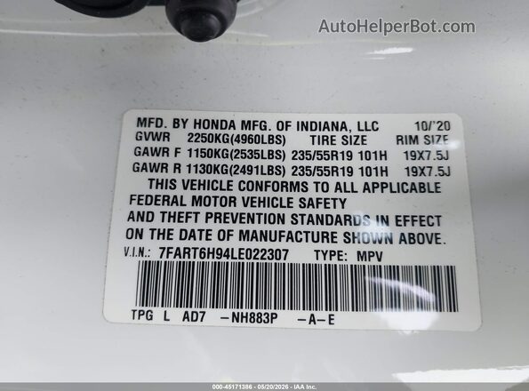 7FART6H94LE022307 2020 HONDA CR-V White Vista del compartimento del motor