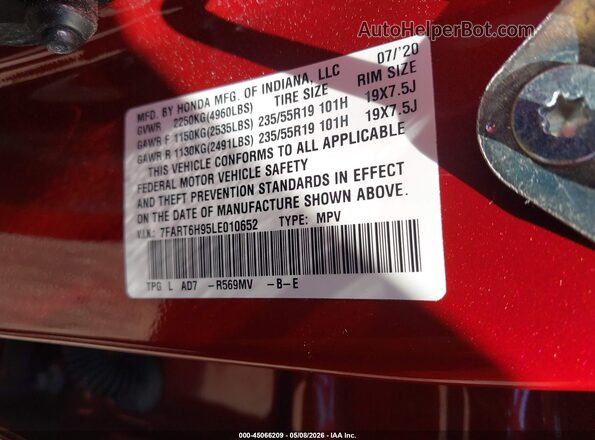 7FART6H95LE010652 2020 HONDA CRV Red 