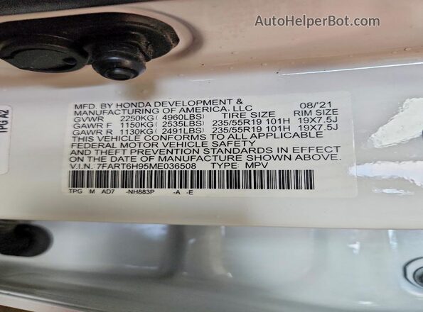 7FART6H95ME036508 2021 HONDA CR-V White VIN კოდის სტიკერის ხედი