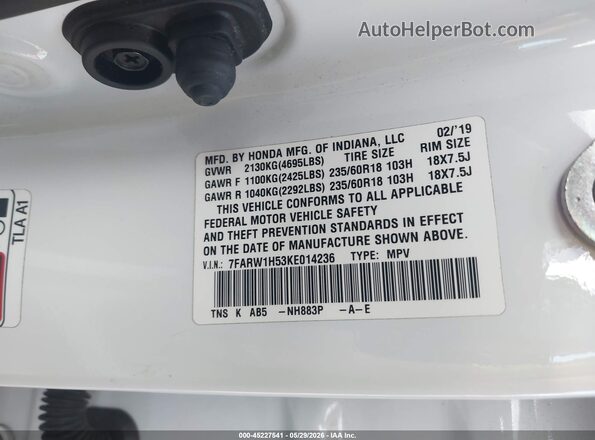 7FARW1H53KE014236 2019 HONDA CR-V White Engine compartment view