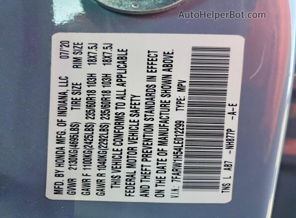 7FARW1H54LE012299 2020 HONDA CR-V Gray VIN sticker view