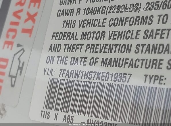 7FARW1H57KE019357 2019 HONDA CR-V White 