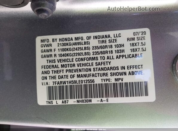 7FARW1H59LE012556 2020 HONDA CR-V Silver Вид підкапотного простору