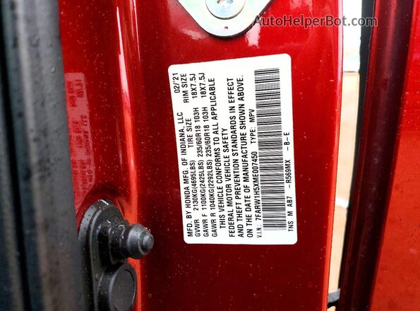7FARW1H5XME007450 2021 HONDA CR-V Red Widok wnętrza 360 stopni