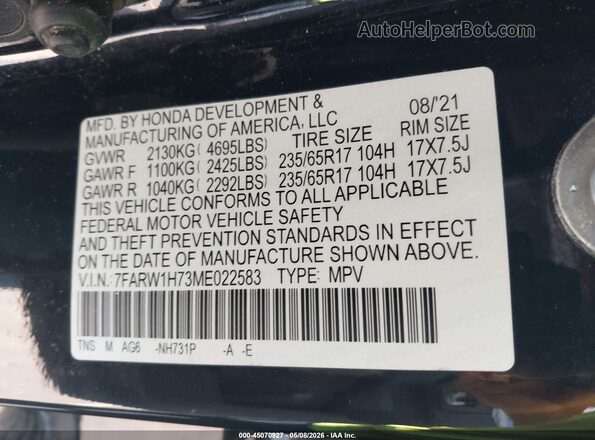 7FARW1H73ME022583 2021 HONDA CR-V Черный Вид подкапотного пространства