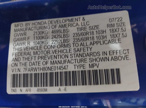 7FARW1H80NE014547 2022 HONDA CR-V Blue ძრავის განყოფილების ხედი