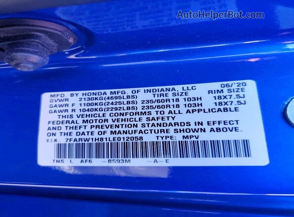 7FARW1H81LE012058 2020 HONDA CR-V Blue Widok naklejki z numerem VIN