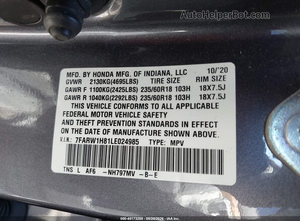 7FARW1H81LE024985 2020 HONDA CR-V Gray Շարժիչի բաժամունքի տեսք