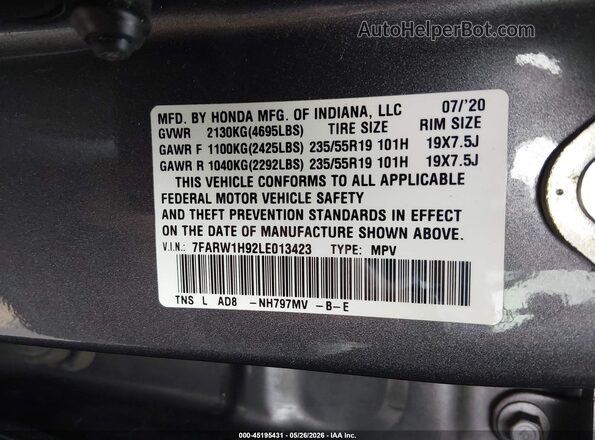 7FARW1H92LE013423 2020 HONDA CR-V Silver Vista del compartimento del motor