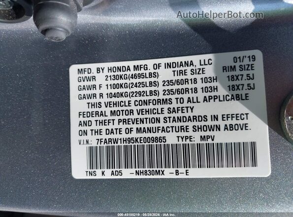 7FARW1H95KE009865 2019 HONDA CR-V Silver Շարժիչի բաժամունքի տեսք