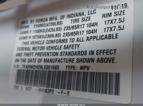 7FARW2H29LE001665 2020 HONDA CR-V White Շարժիչի բաժամունքի տեսք
