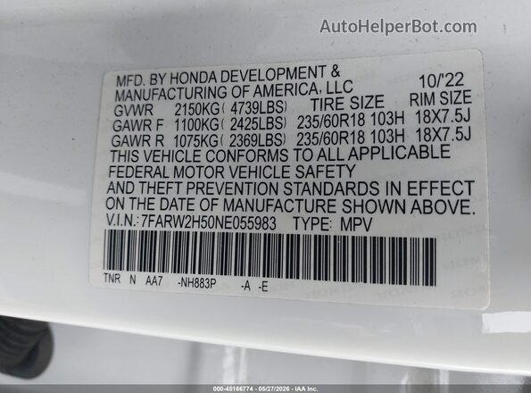 7FARW2H50NE055983 2022 HONDA CR-V Белый Вид подкапотного пространства