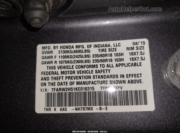 7FARW2H51KE016315 2019 HONDA CR-V Gray Widok komory silnika