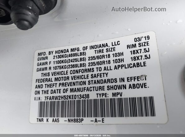 7FARW2H52KE013438 2019 HONDA CR-V White Вид підкапотного простору