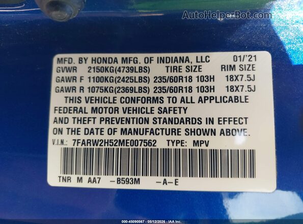 7FARW2H52ME007562 2021 HONDA CR-V Blue Widok komory silnika