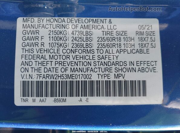 7FARW2H53ME017002 2021 HONDA CR-V Blue Շարժիչի բաժամունքի տեսք