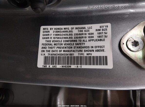 7FARW2H55KE041881 2019 HONDA CR-V Silver Շարժիչի բաժամունքի տեսք