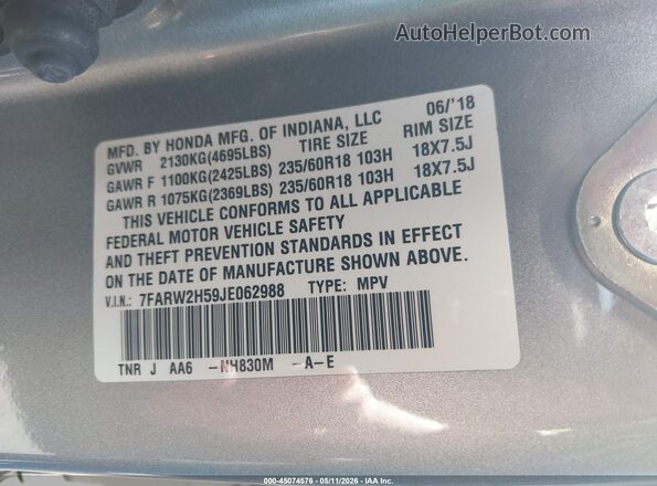 7FARW2H59JE062988 2018 HONDA CR-V Silver ძრავის განყოფილების ხედი