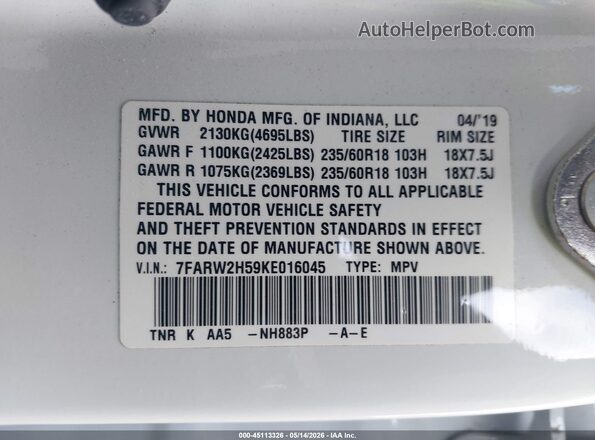 7FARW2H59KE016045 2019 HONDA CR-V White Вид підкапотного простору