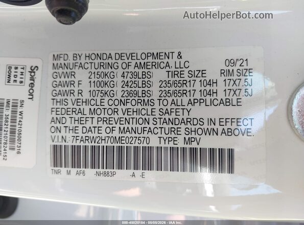 7FARW2H70ME027570 2021 HONDA CR-V White Vista del compartimento del motor