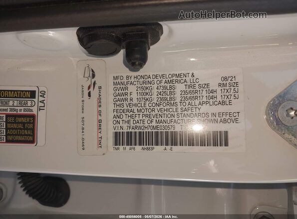 7FARW2H70ME030579 2021 HONDA CR-V White ძრავის განყოფილების ხედი