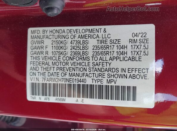 7FARW2H70NE019440 2022 HONDA CR-V Red Вид підкапотного простору