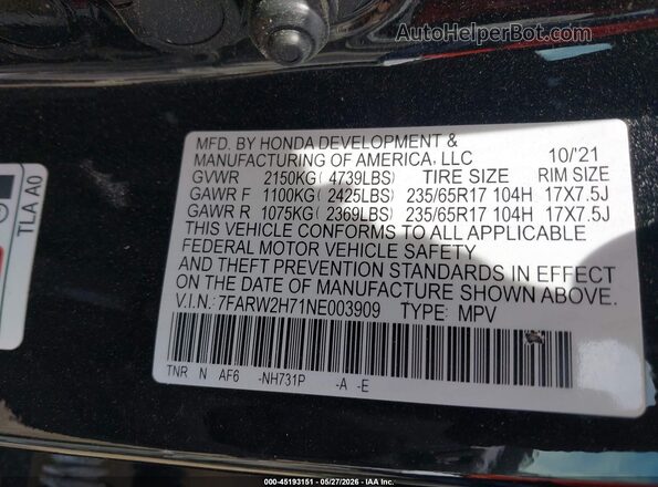 7FARW2H71NE003909 2022 HONDA CR-V Black Engine compartment view