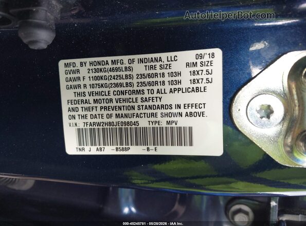7FARW2H80JE098045 2018 HONDA CR-V Blue Շարժիչի բաժամունքի տեսք