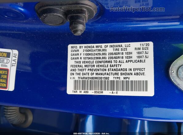 7FARW2H80ME001592 2021 HONDA CR-V Blue Widok komory silnika