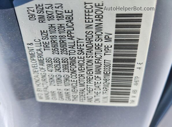 7FARW2H81ME033077 2021 HONDA CR-V Blue Vista de la etiqueta del VIN